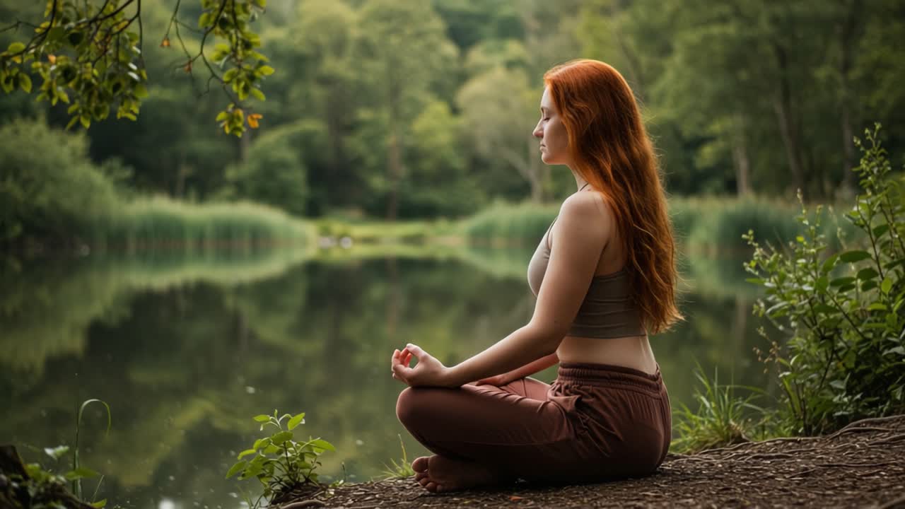 A Serene Moment of Meditation by the Tranquil Lake: A Reflection on Nature and Self-Discovery with a Woman Practicing Mindfulness in Harmony with the Outdoors