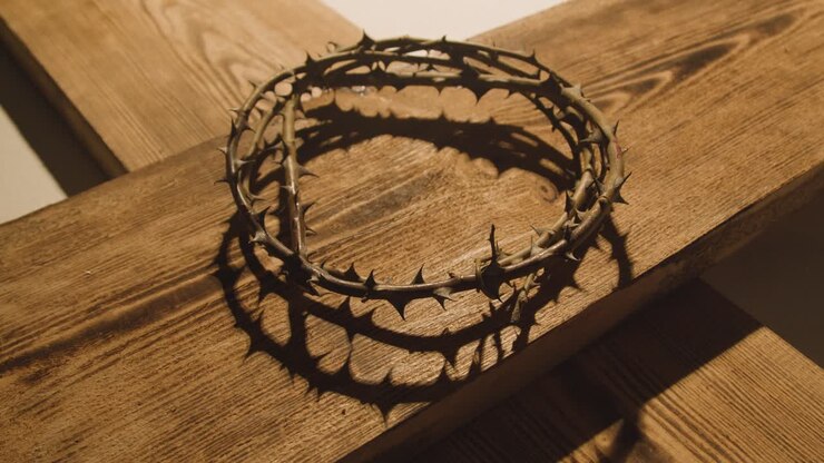 Religious Concept Shot With Crown Of Thorns And Wooden Cross In Pool Of Light 2