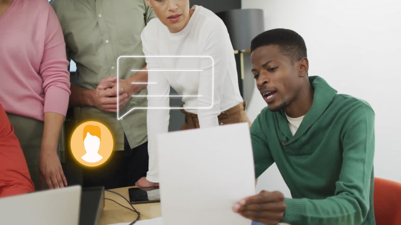 Team discussing documents with chat bubble and user icon animation