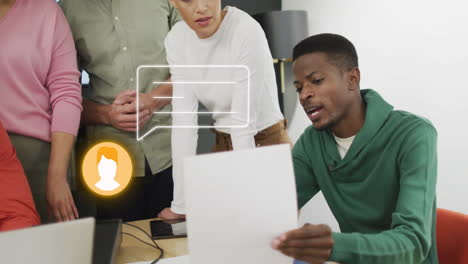 team discussing documents with chat bubble and user icon animation