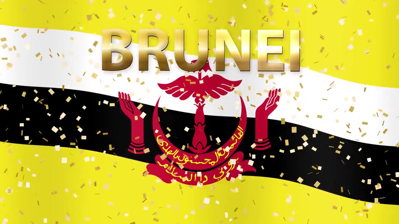 Animeret nationalflag fra Brunei vajende med faldende gyldent konfetti og metallisk tekstoverlejring