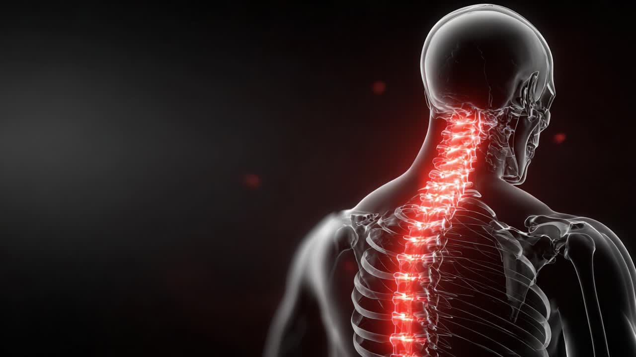 Visualizzazione anatomica della colonna vertebrale umana: una panoramica completa della struttura e funzione cervicale nel corpo umano con dischi vertebrali evidenziati.