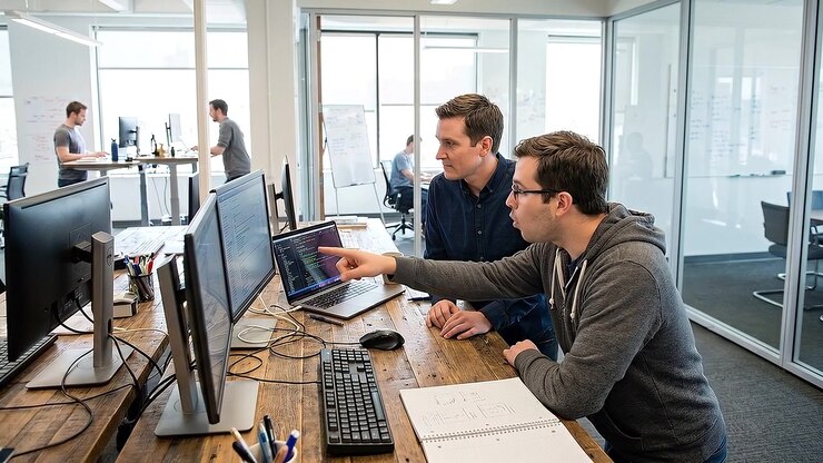 Office colleagues collaborating at multiple computer workstations at work