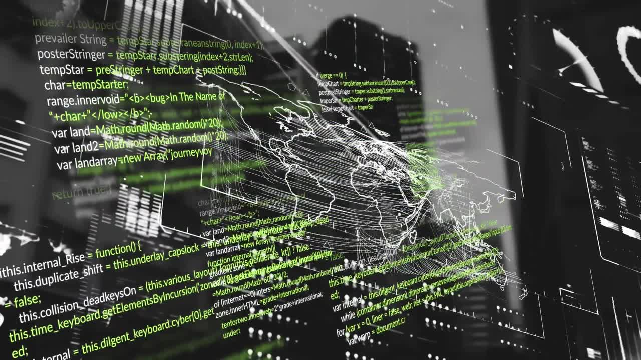 Animation of data processing with world map over cityscape