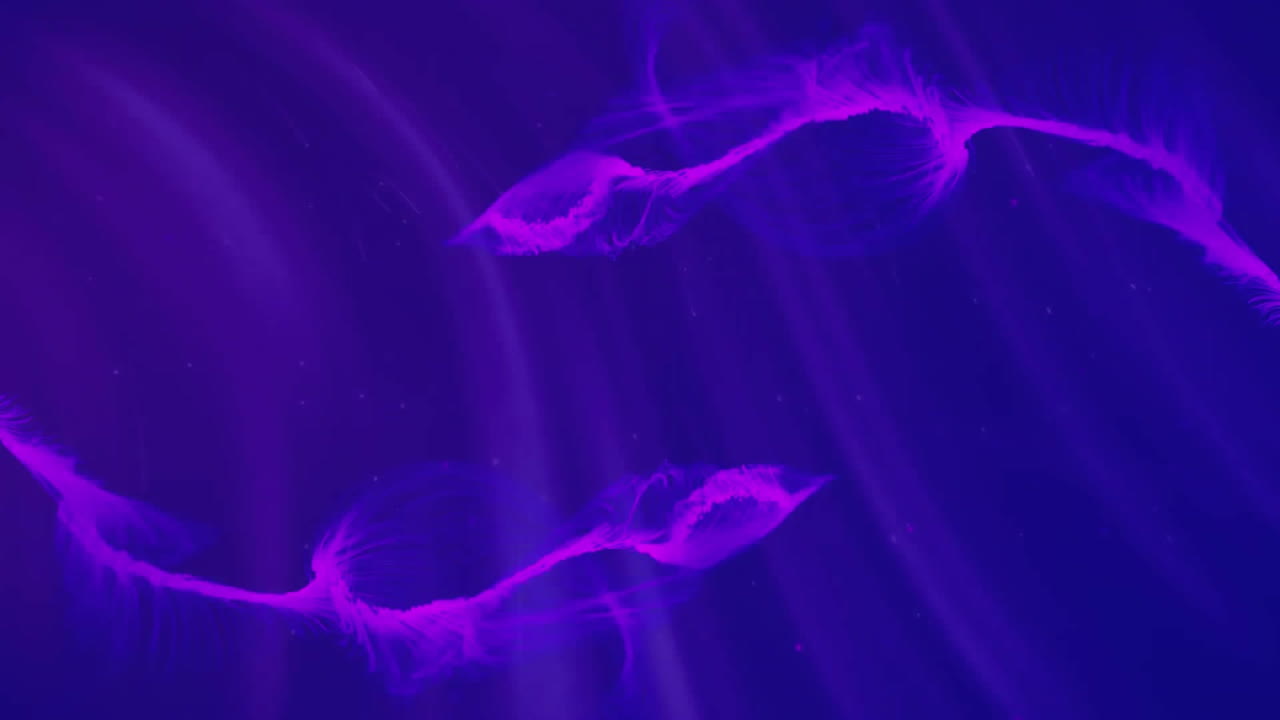 Animation of purple shapes moving on blue background