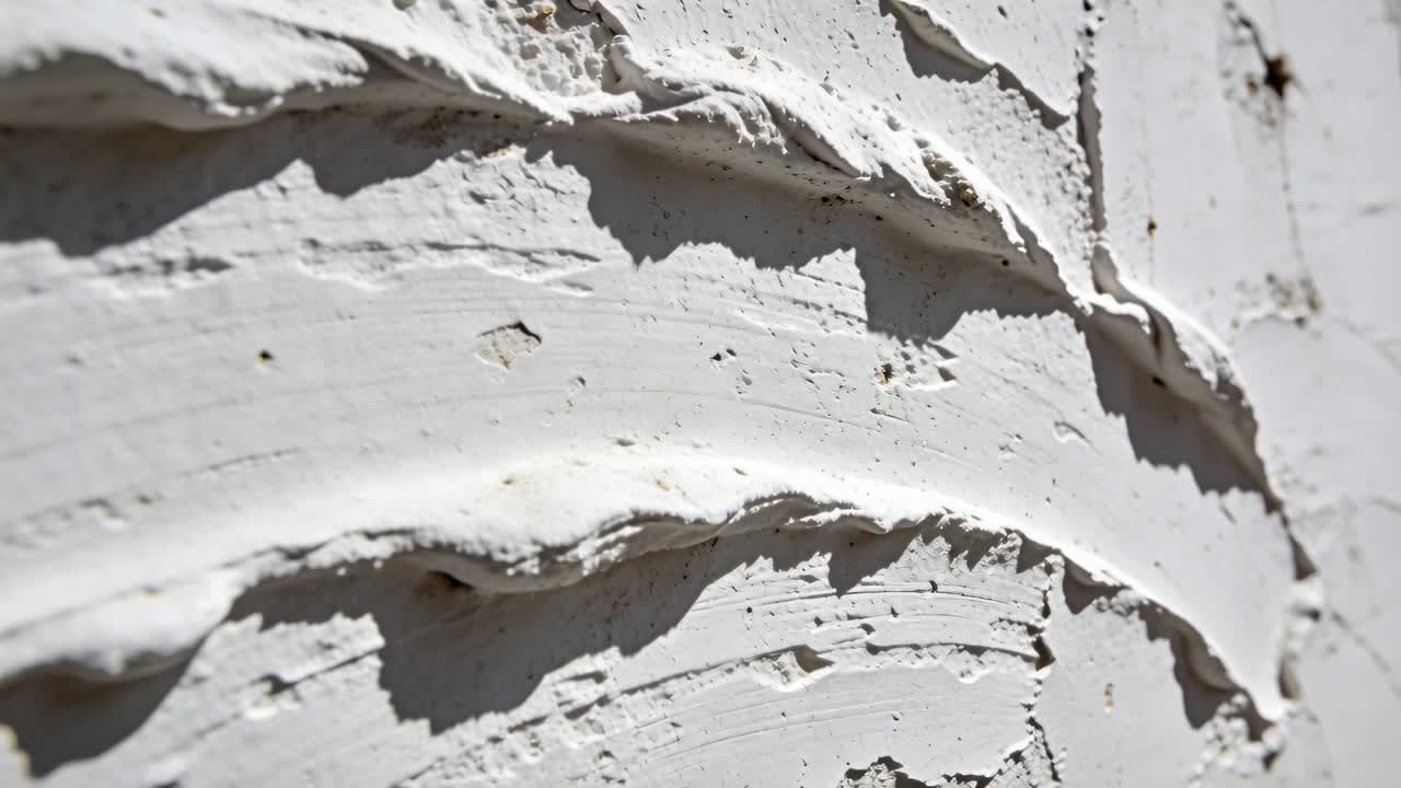 Telecamera in movimento che rivela una toppa di intonaco bianco su una parete dell'edificio per evidenziare le creste e i fori della cazzuola.