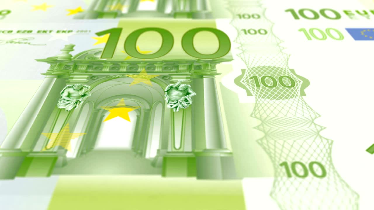 100 유로 지폐는 스크린에 굴러 인쇄, 현금, 루프