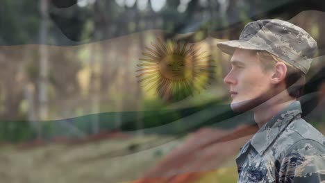 Animation-of-flag-of-argentina-over-caucasian-male-soldier-saluting