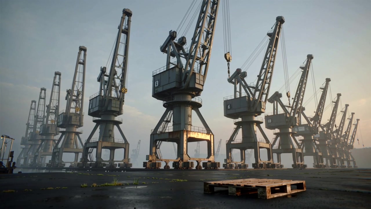 Panning camera moving slowly along quay as sun rises, revealing gantry cranes, hook, pallet