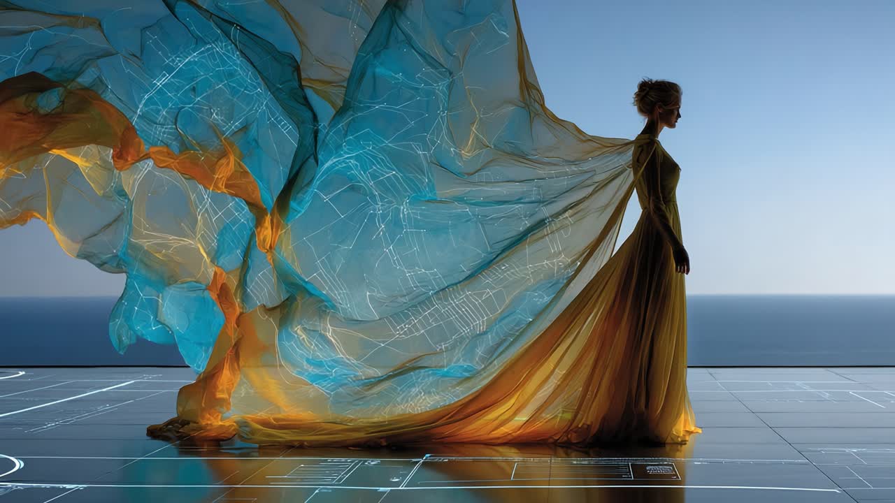 A captivating visual representation of elegance and innovation, showcasing a stunning figure adorned in flowing fabric that blends warm and cool hues, set against a serene backdrop of vast ocean and sky, symbolizing creativity