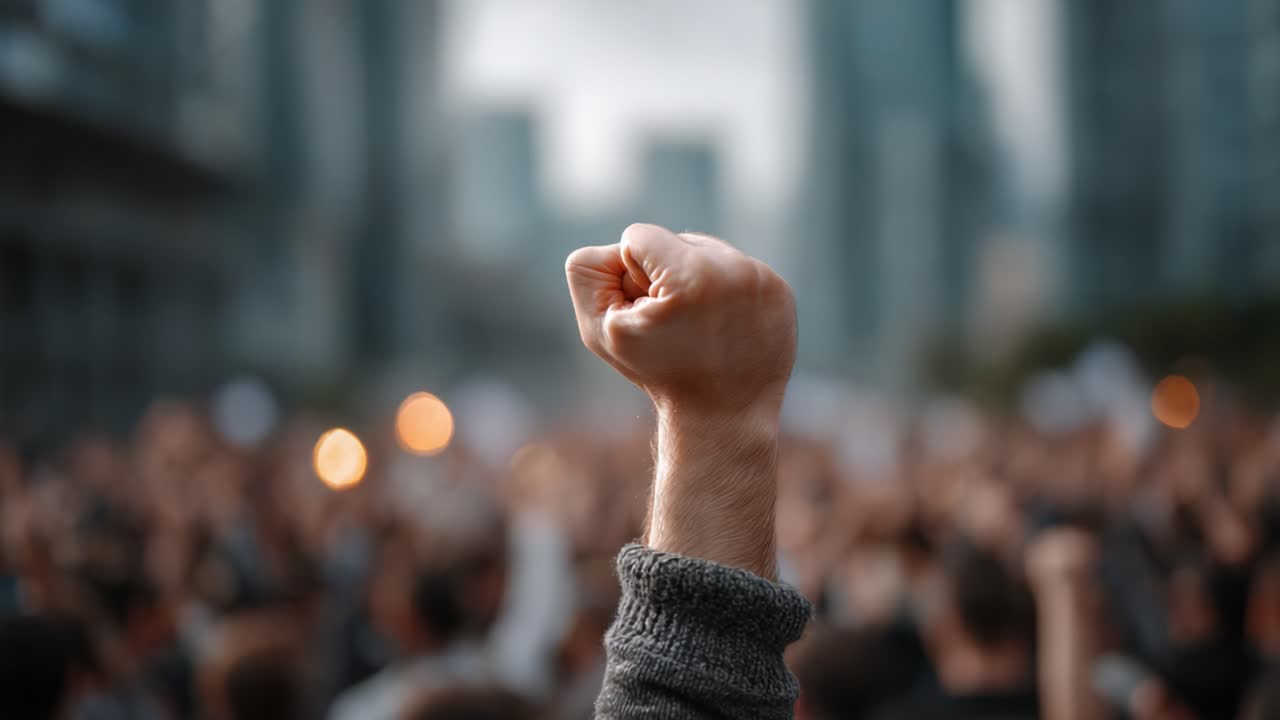 A Show of Solidarity and Strength: The Raised Fist as a Symbol of Unity in a Powerful Movement Demonstrating Collective Action and Resilience in Urban Space