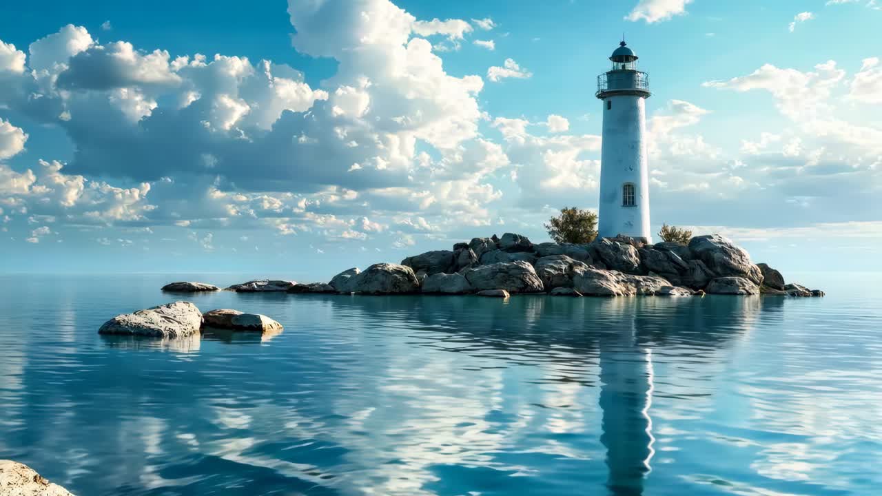 바다 한가운데에 있는 작은 섬 꼭대기에 있는  등대