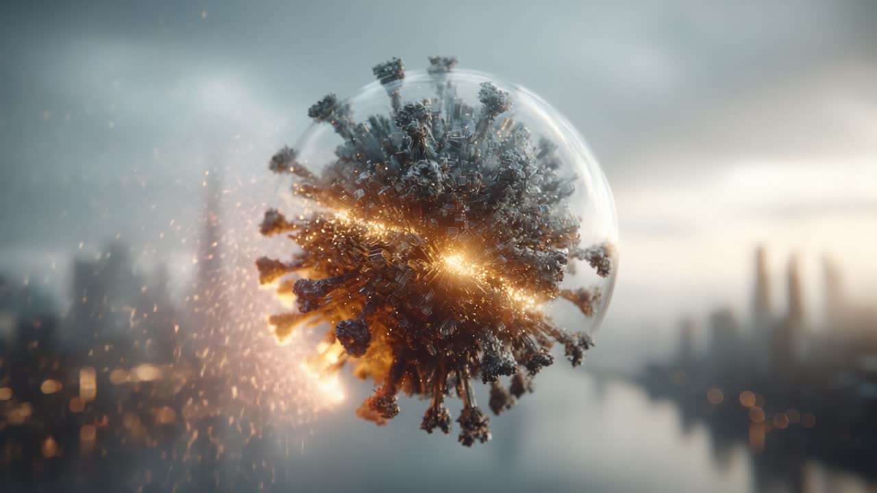 A Stunning Visual Representation of a Microscopic Virus Surrounded by an Ethereal Glow, Capturing the Intricacies and Impact of Disease in a Futuristic Landscape