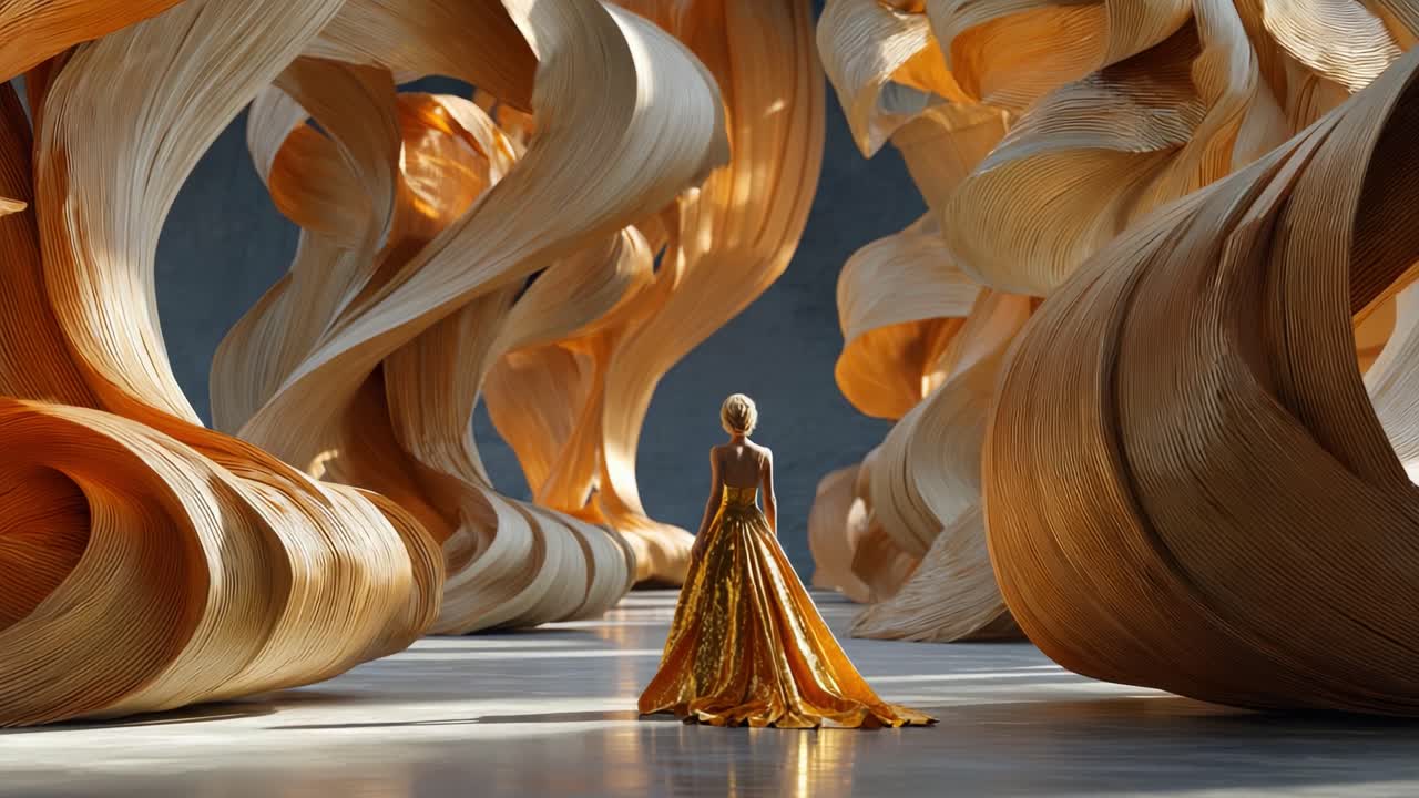 Donna in abito dorato in un'installazione di arte astratta