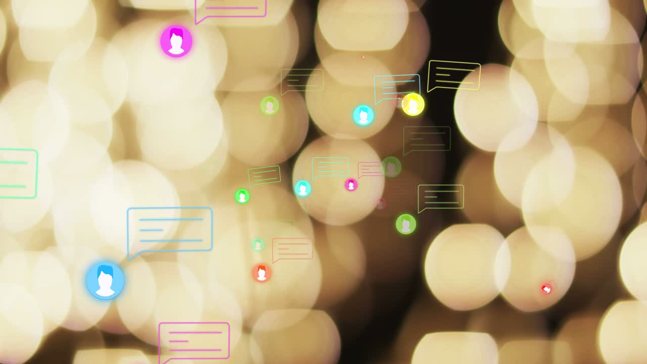 Colored avatar swarm spawning at edges and drifting inward over warm bokeh showing network activity