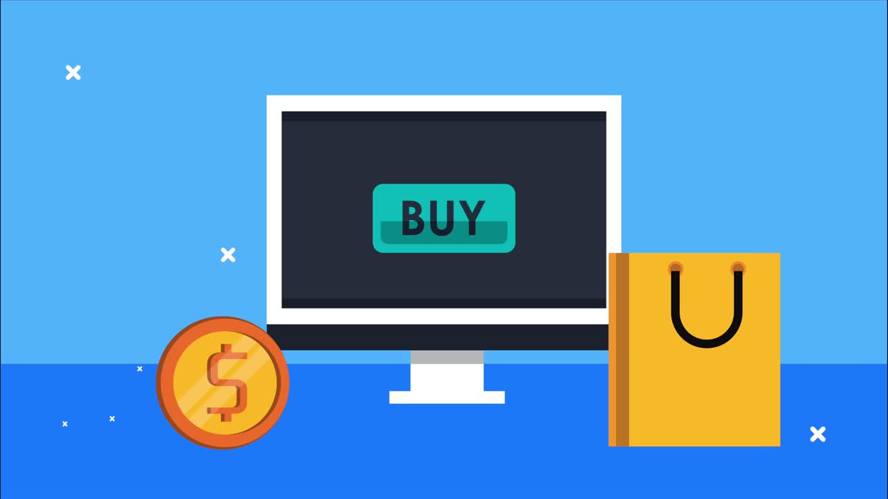 동전 및 쇼핑 가방이있는 데스크 장치 전자 상거래 기술