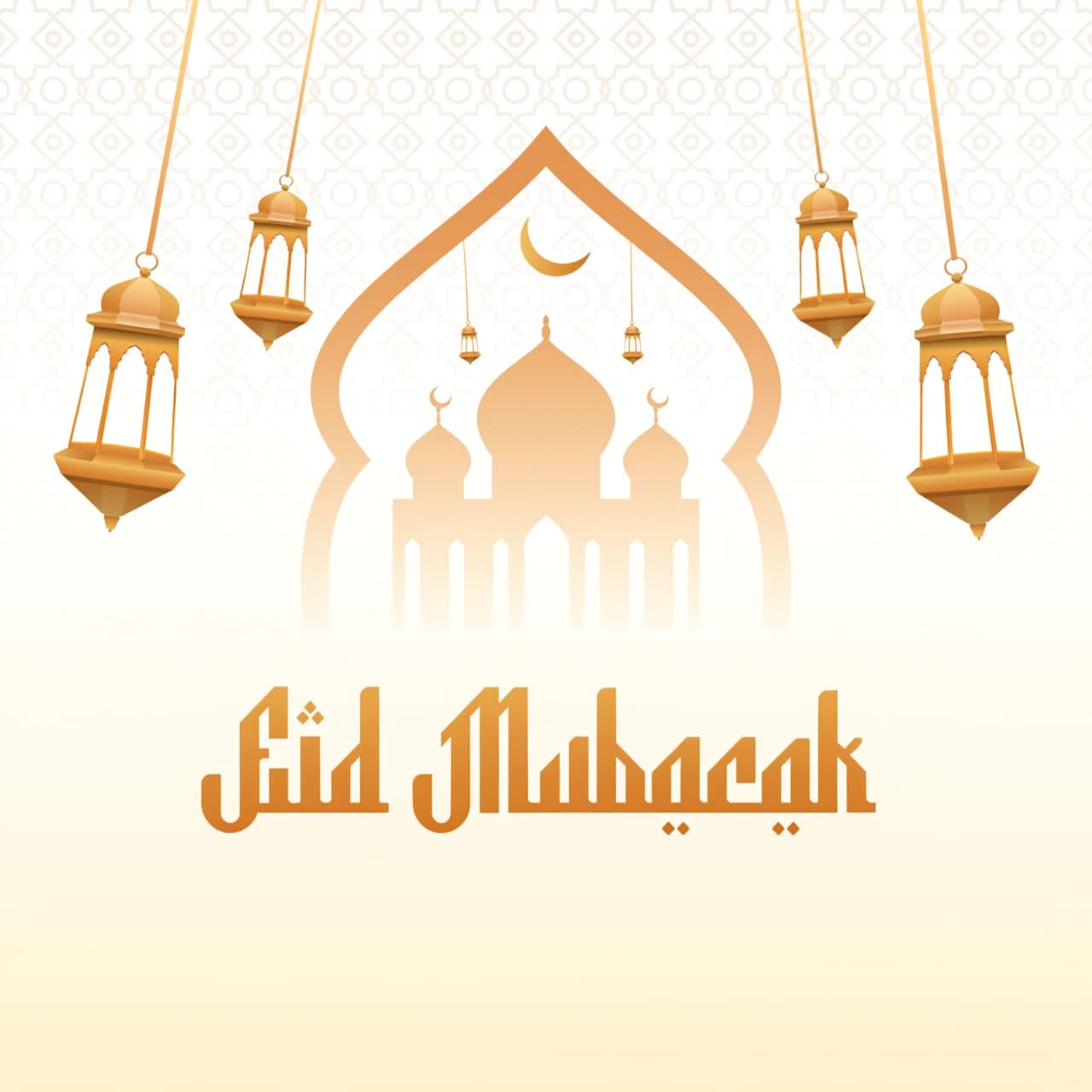 Animazione di auguri Eid Mubarak con silhouette di moschea, calligrafia araba e schizzi di lanterne sospese su sfondo blu