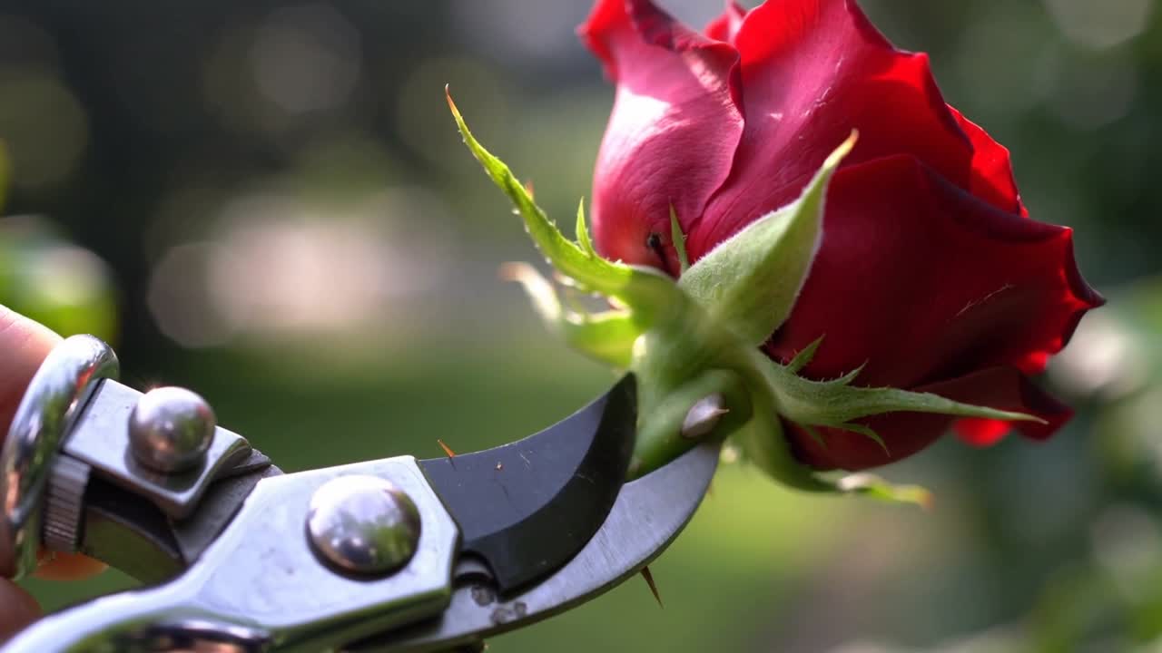 Positioning hand under sepal, closing pruning shears and removing red rose bloom in garden for care