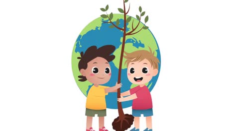 animation of boys with plant and globe icon on white background