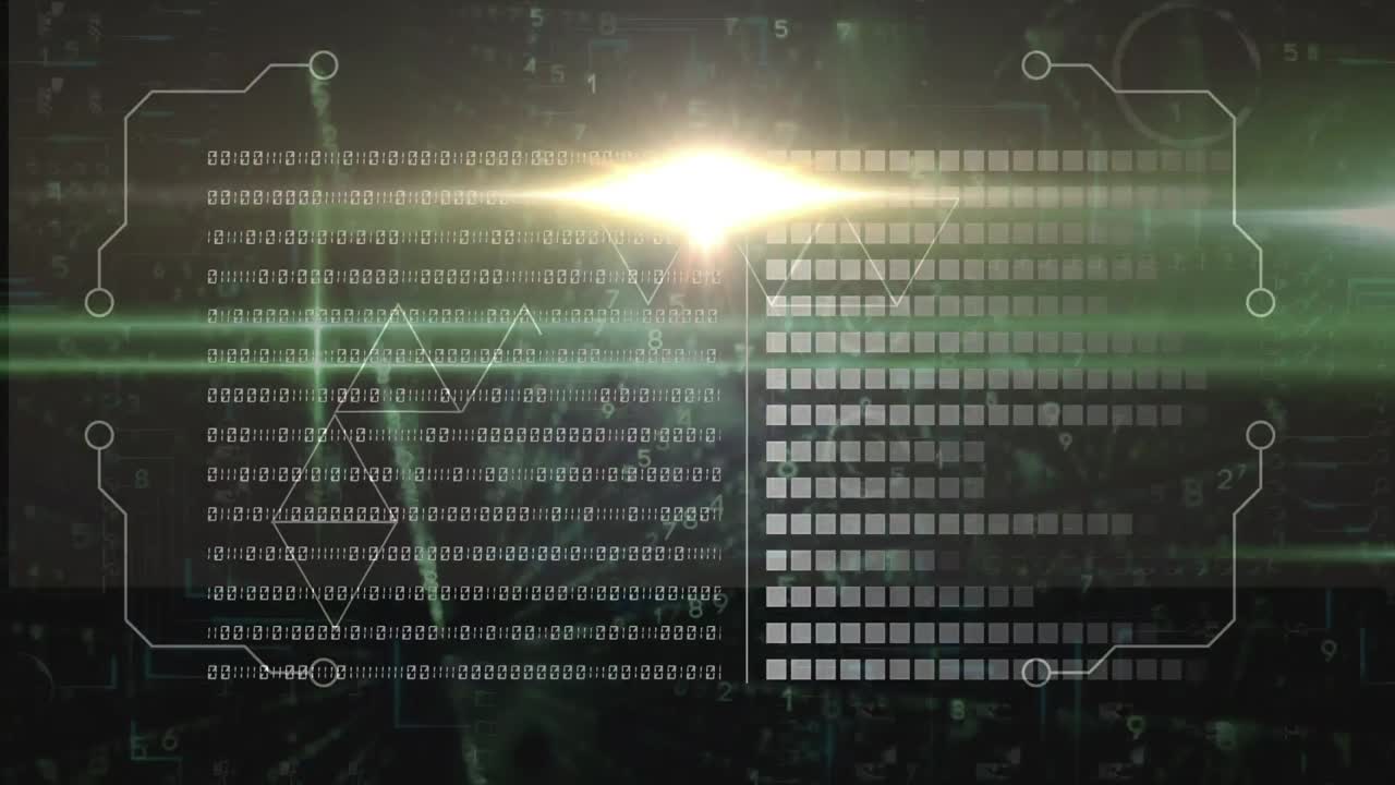 Animation of binary coding, data processing over glowing computer circuit board