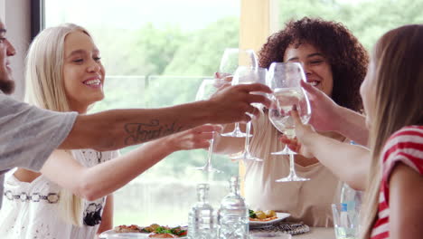 five young adult friends celebrate, smiling and raising wine glasses during a dinner party, handheld, close up