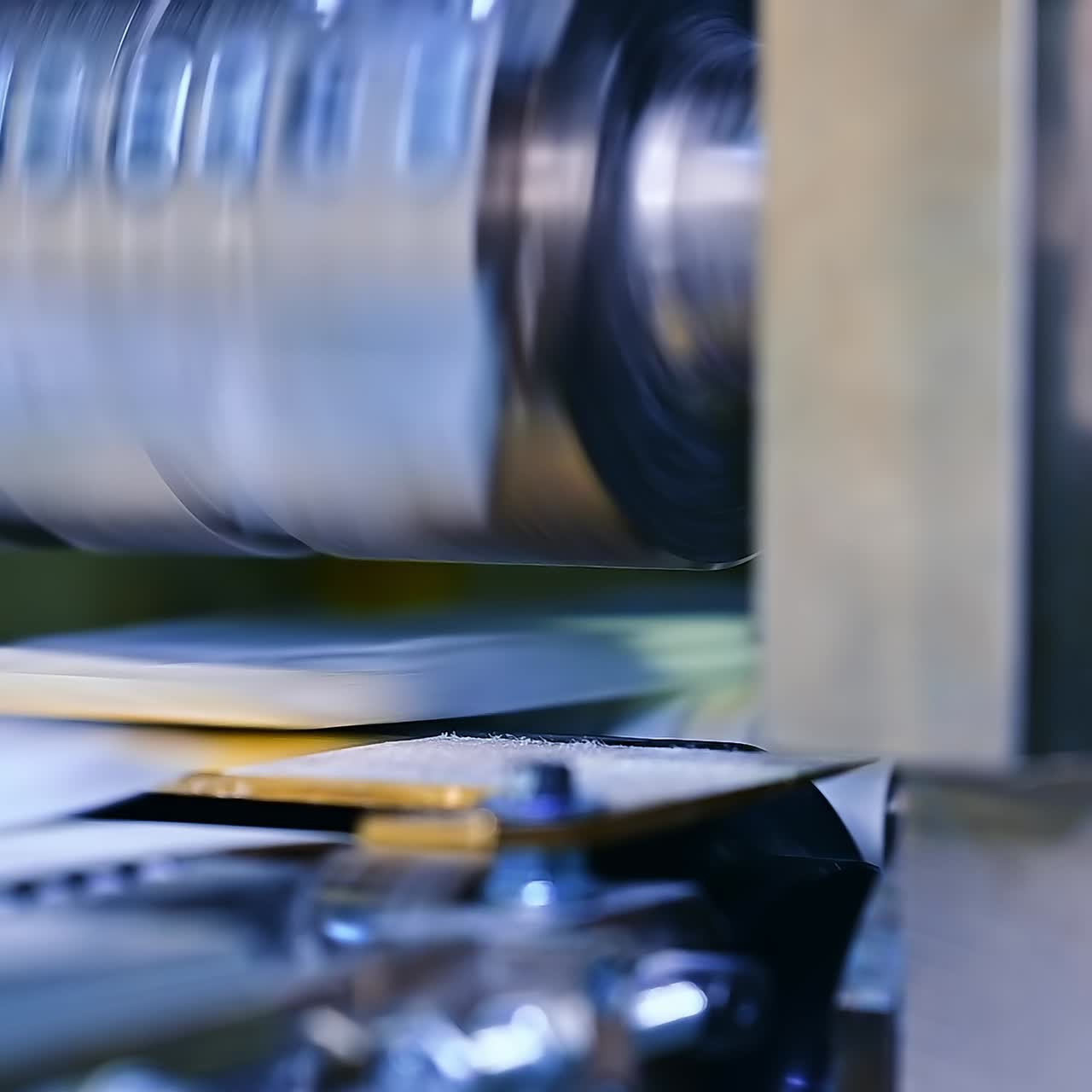 The big drum rotates in close-up.. The outer layer of diapers is made on the machine