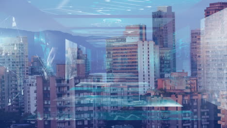 animación de las estadísticas y el procesamiento de datos financieros en pantallas sobre el paisaje urbano
