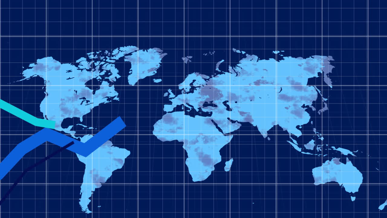 animación del procesamiento de datos financieros sobre el mapa del mundo sobre fondo azul