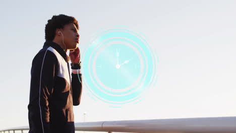 animation of circular scanner with clock face over biracial male athlete wearing earphones