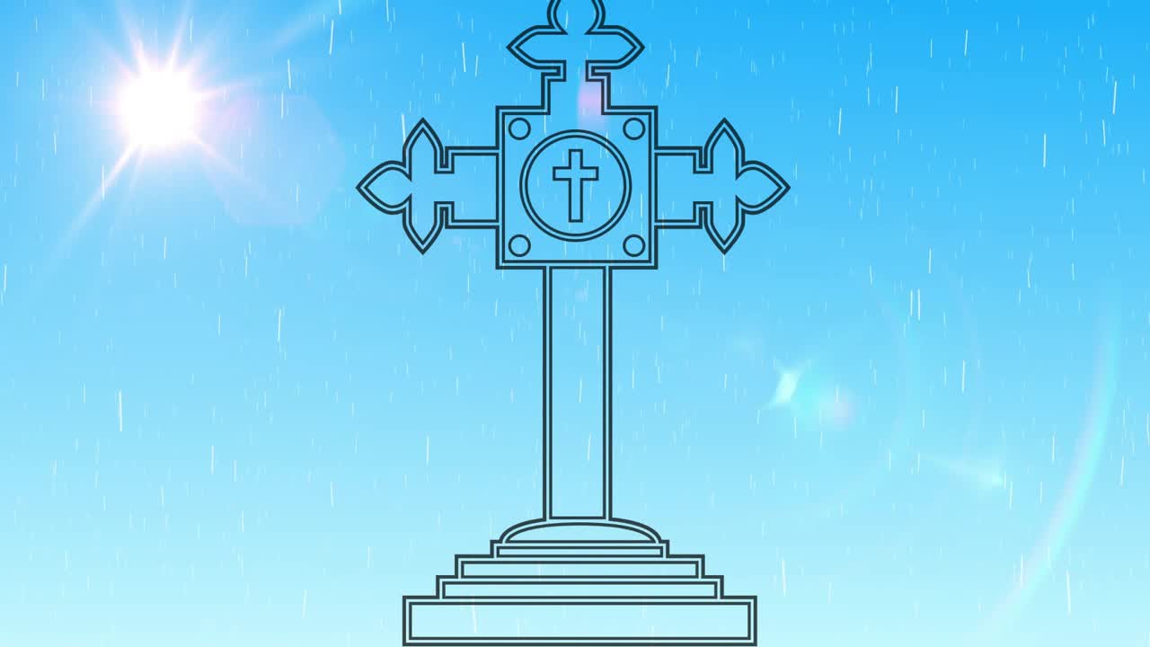 Ornate cross standing centered while sun glare causing flare, rain, purple pulse accenting motif