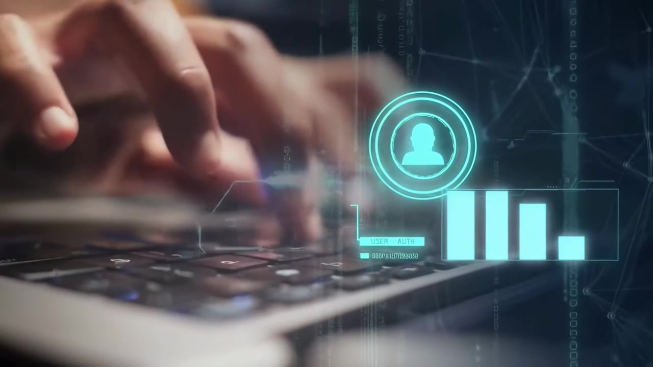 Persona che digita su un laptop con interfaccia di autenticazione utente digitale