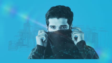 Man-covering-his-face-against-3D-city-model-spinning-on-blue-background