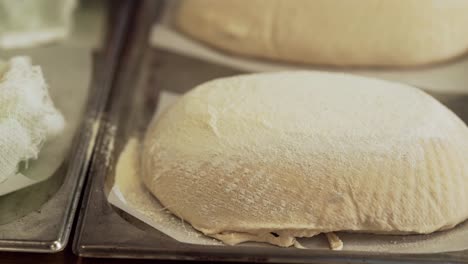 close-up, baker spreads raw home-made bread from molds and removes linen