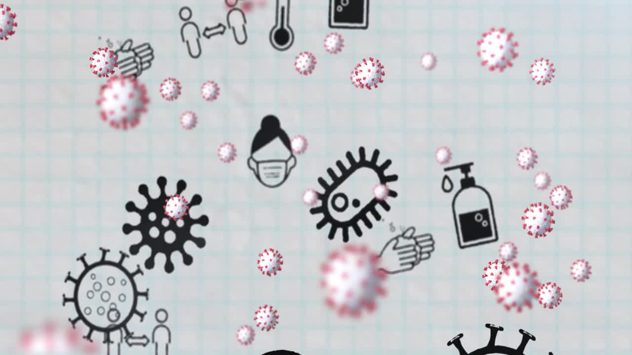 Células de Covid-19 e iconos conceptuales de coronavirus contra papel cuadriculado