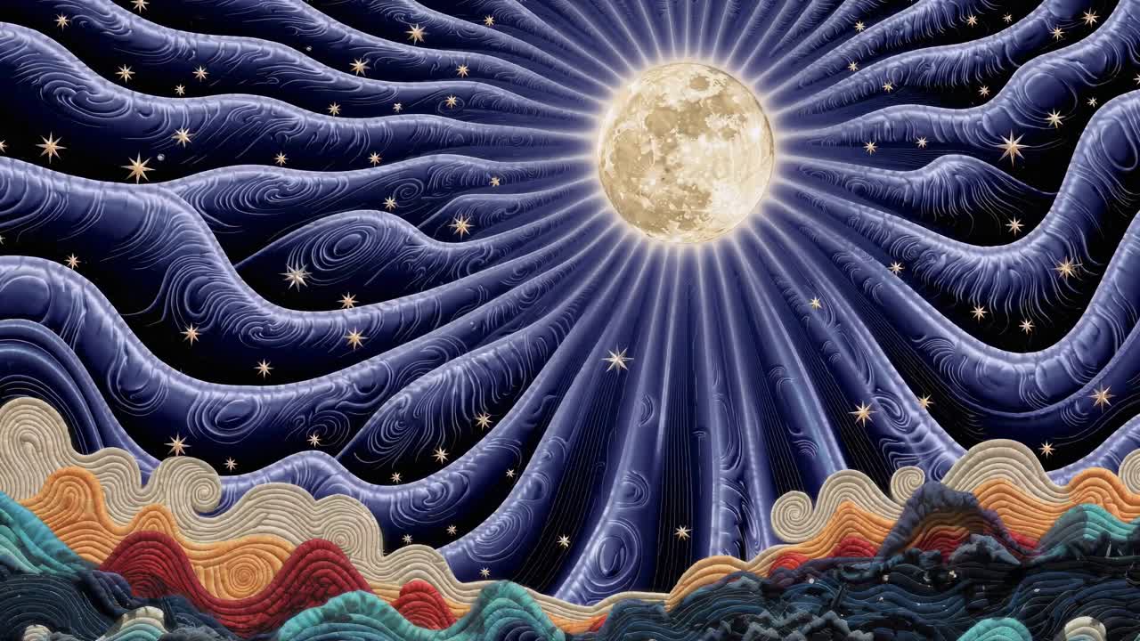 A surreal video concept with a top-down angle, featuring a radiant moon and swirling starry sky