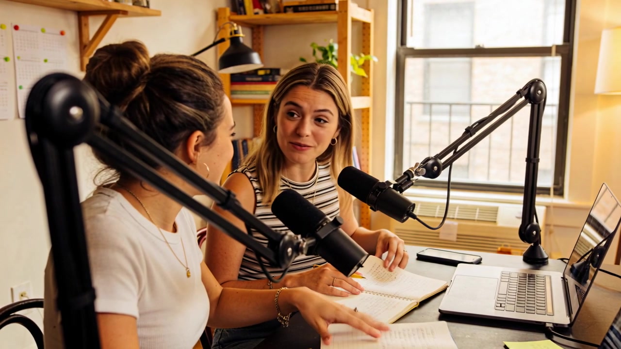 Due co-conduttrici registrano in uno studio casalingo, parlando nei microfoni e prendendo appunti, con un computer portatile.