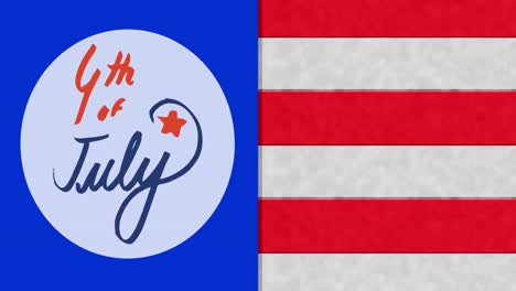 animation of 4th of july text over white and red stripes on blue background