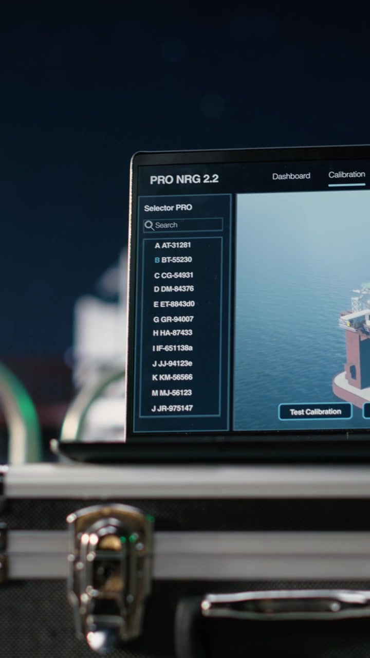 Vídeo vertical. Software de laptop avalia riscos de segurança energética em plataforma de petróleo.