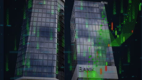 Animation-of-binary-coding,-financial-data-processing-over-bank-buildings