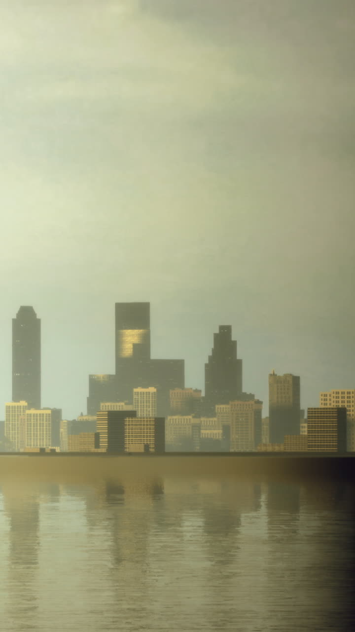 Panorámica de la ciudad con reflejo en el agua a la luz de la mañana.