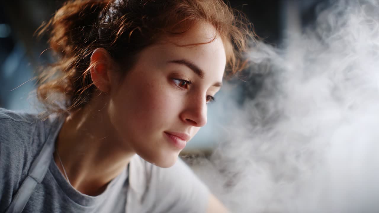 A contemplative young woman immersed in a dreamy atmosphere filled with soft vapors, showcasing her thoughtful expression amidst ethereal smoke and gentle light, creating a serene and artistic visual moment
