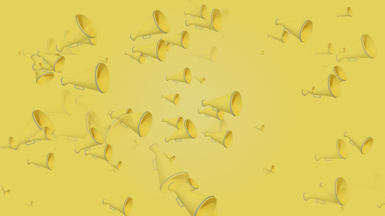 animación de megáfono volador en bucle abstracto de 4k, fondo amarillo