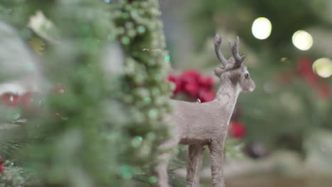 Focus-pull-through-beautiful-snow-covered-christmas-holiday-decorations-with-a-reindeer