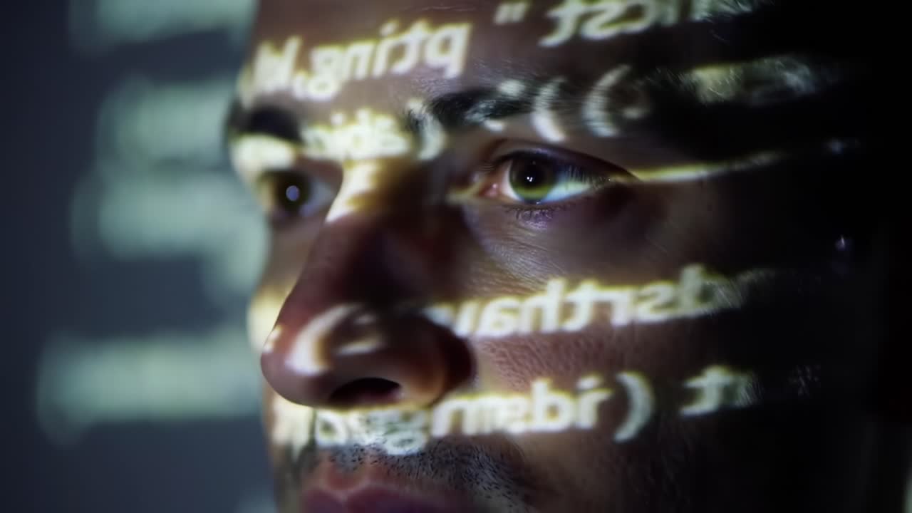 A Close-Up of a Man's Face Illuminated by Projected Code, Highlighting Technology and Innovation in a Digital World of Data and Programming