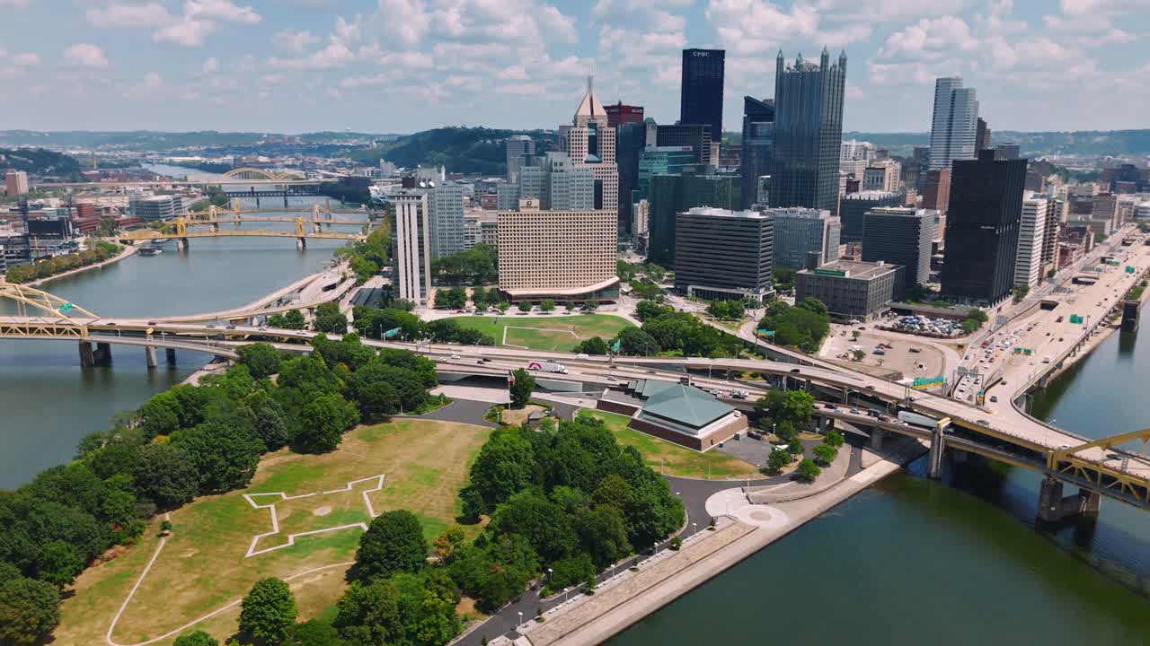 Filmato di drone che cattura il centro di Pittsburgh, i ponti e la confluenza dei fiumi. Perfetto per progetti urbani, di viaggio e documentari.