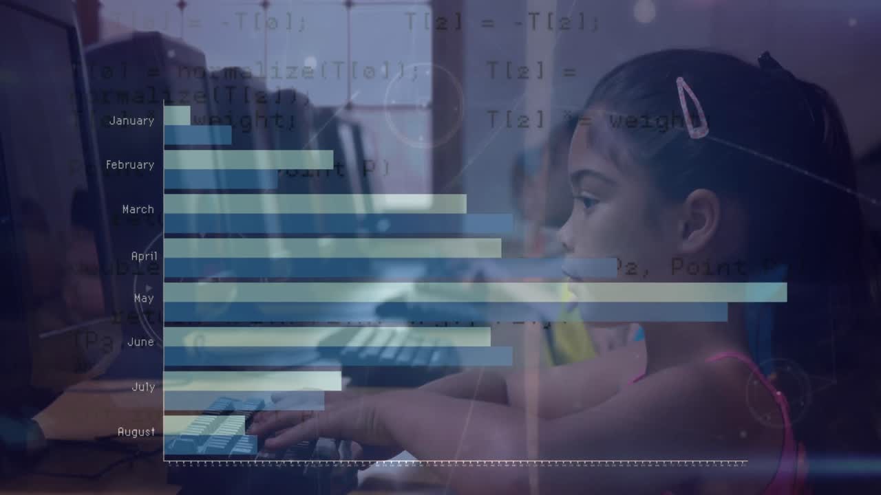 animación de procesamiento de datos estadísticos sobre una niña hispana que usa computadora en la escuela