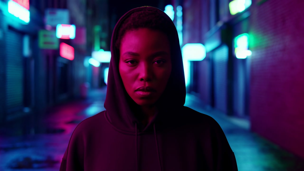 Black Woman Hooded In Neon Alley, Standing Alone On Rainslick Street, Magenta And Teal Lights Cast Dramatic