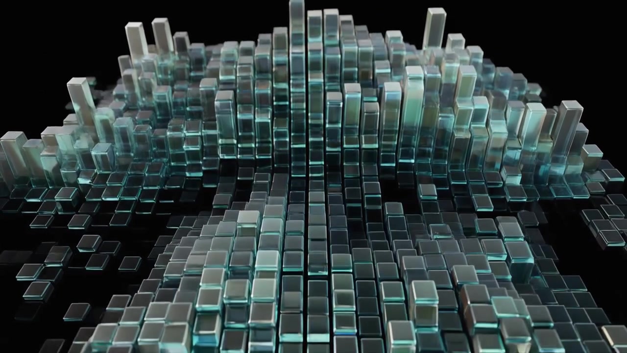 Abstract 3D Animation of Glowing Glass Cubes Moving in Waves