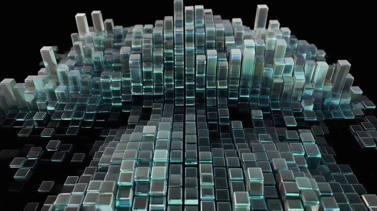 Abstract 3D Animation of Glowing Glass Cubes Moving in Waves