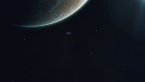 toma de establecimiento de una pequeña nave espacial acercándose a un mundo alienígena - gigante gaseoso nublado